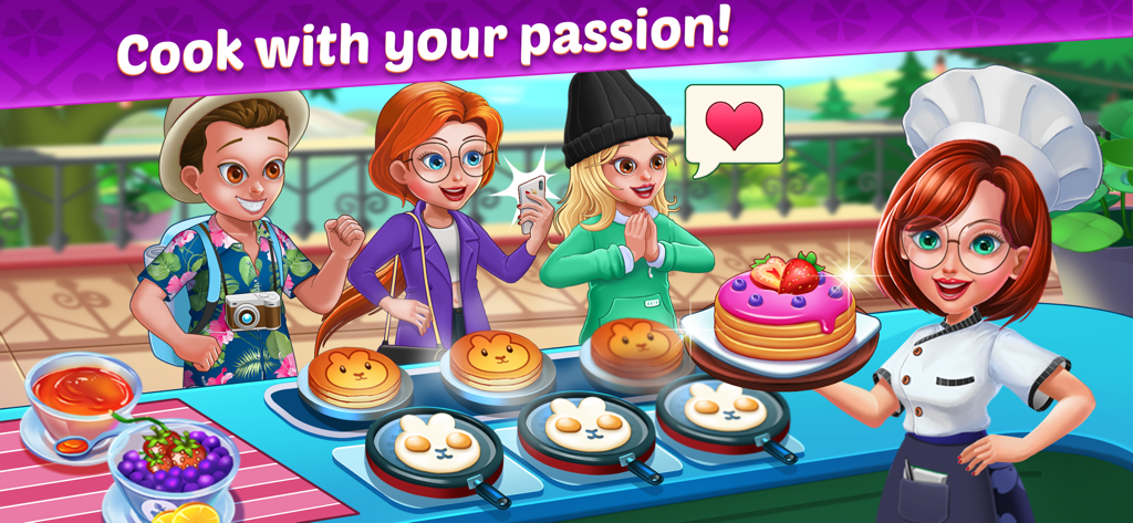 Cooking Journey: Cooking Games - La Star Chef Ashley serve un dessert pancake alla fragola ai clienti nel gioco Cooking Journey