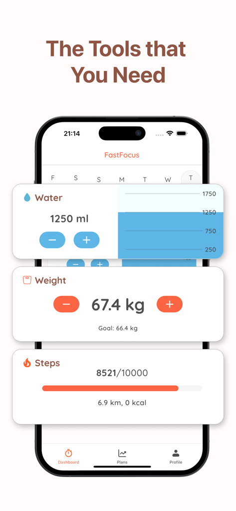 Fasting Timer & Water Tracker - Interfaccia dell'app FastFocus che mostra strumenti per il tracciamento dell'assunzione di acqua, del peso e dei passi