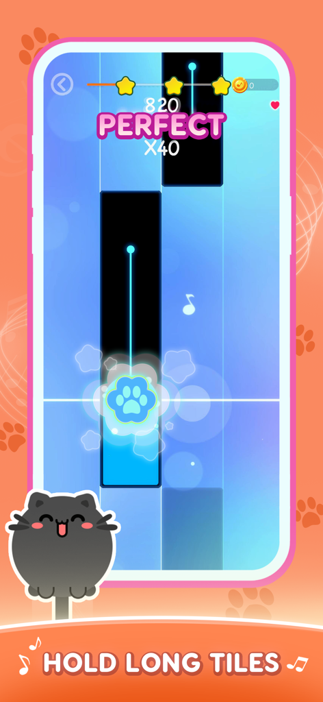 Cat Cute Tiles: Rhythm Games - Cat Cute Tilesのリズムゲームプレイ画面。かわいい猫のアイコンが付いた長いタイルのプレスが表示されている。
