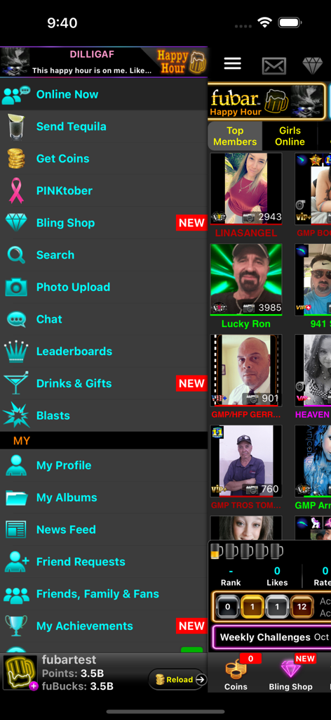 fubar 앱의 모바일 인터페이스로, 탐색 사이드 메뉴와 상위 회원 목록을 보여줍니다.