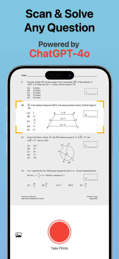 Pre Calculus - Interfaccia dell'app Pre Calculus che mostra una domanda di geometria sottoposta a scansione da un risolutore di matematica AI