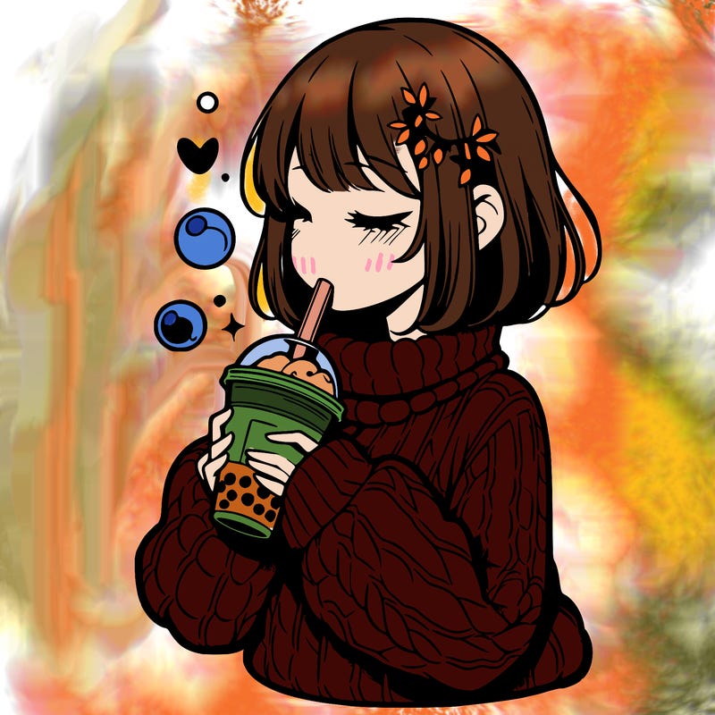 manga girl drinking boba in cozy sweater