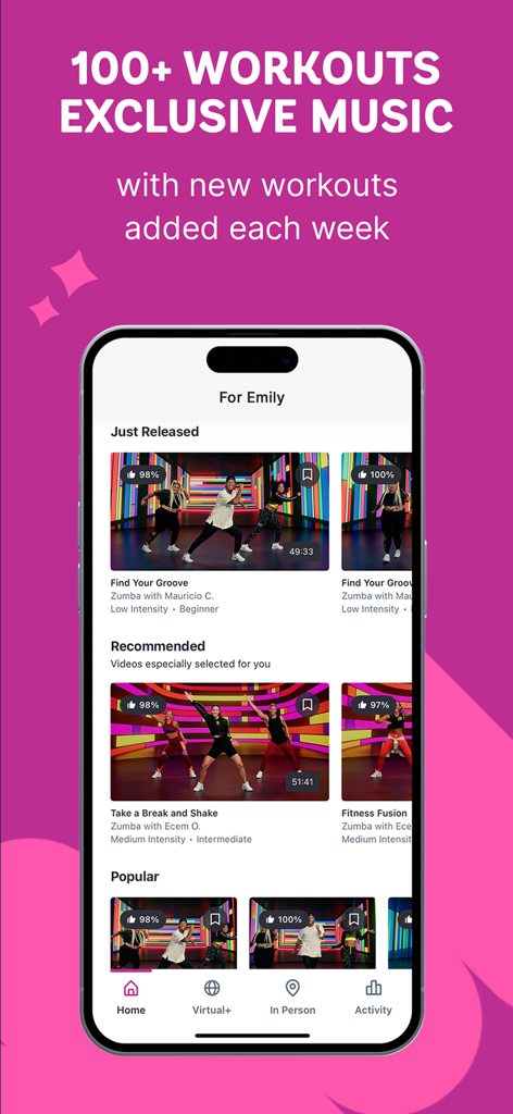 Zumba app home screen displaying various dance fitness workout videos and exclusive music categories