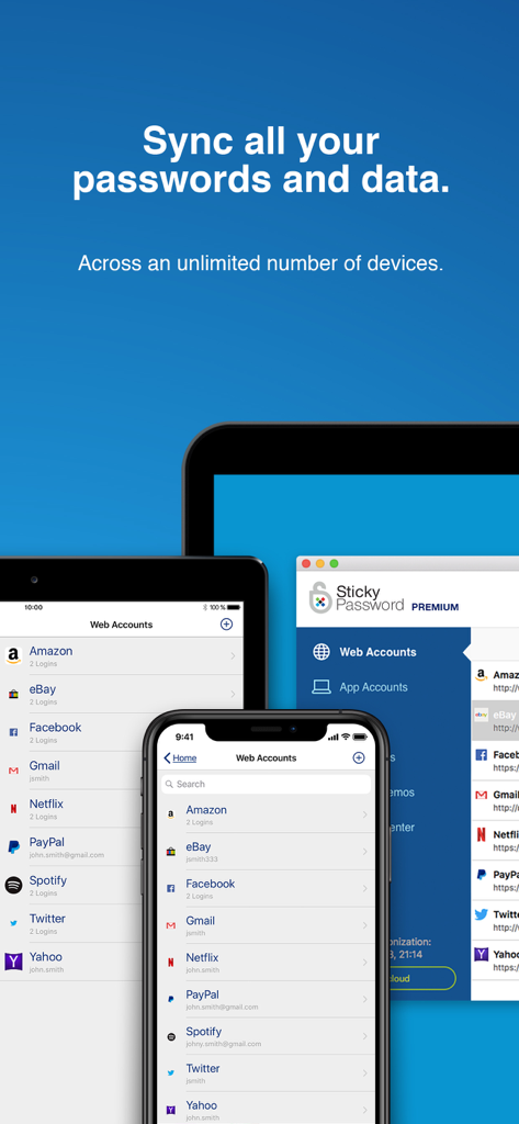La aplicación Sticky Password muestra cuentas web sincronizadas en un smartphone, tableta y computadora de escritorio.