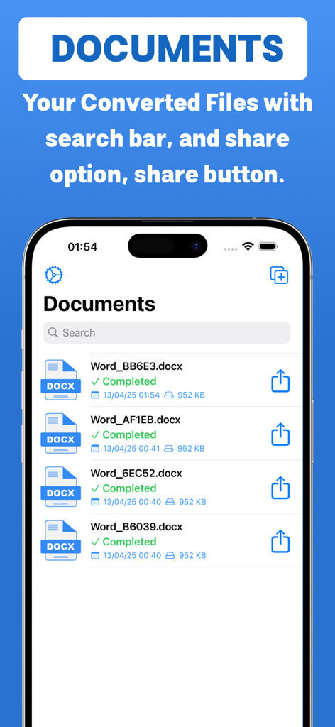 List of converted Word documents in the app with search and share options.