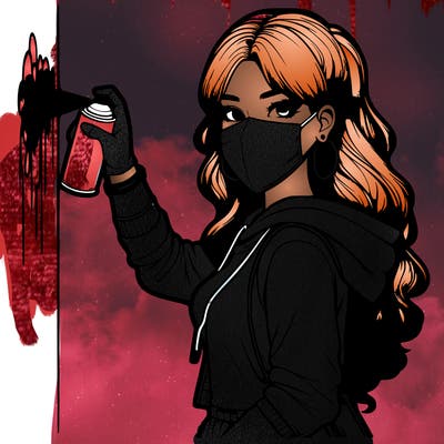 realistic girl with mask spray painting a wall