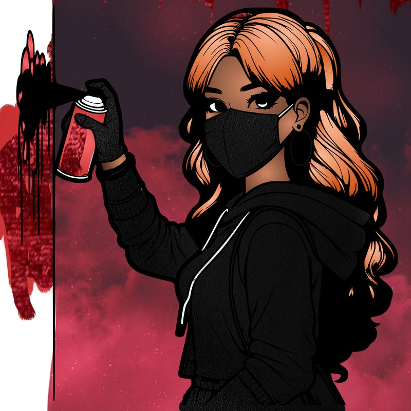 realistic girl with mask spray painting a wall