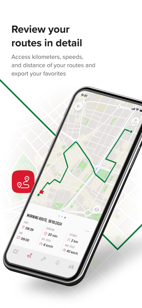 A smartphone showing a motorcycle route map with detailed statistics like speed and distance in the Honda Mapit app.