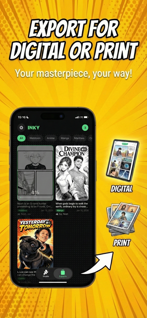 INKY: AI Manga, Comic & Anime - Interface of the INKY app showcasing export options for AI generated manga and comics in digital and print formats.