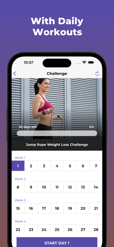 The 30 Day Jump Rope Challenge - Interface of the 30 Day Jump Rope Challenge app displaying a 4-week workout calendar and progress bar