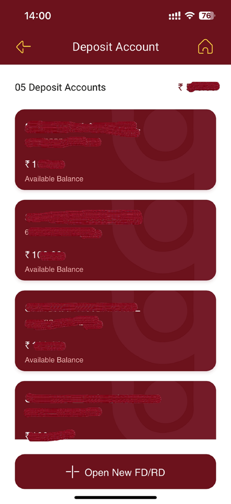 PNB ONE - Una captura de pantalla de la aplicación PNB ONE que muestra una lista de cuentas de depósito y un botón para abrir un nuevo FD o RD.