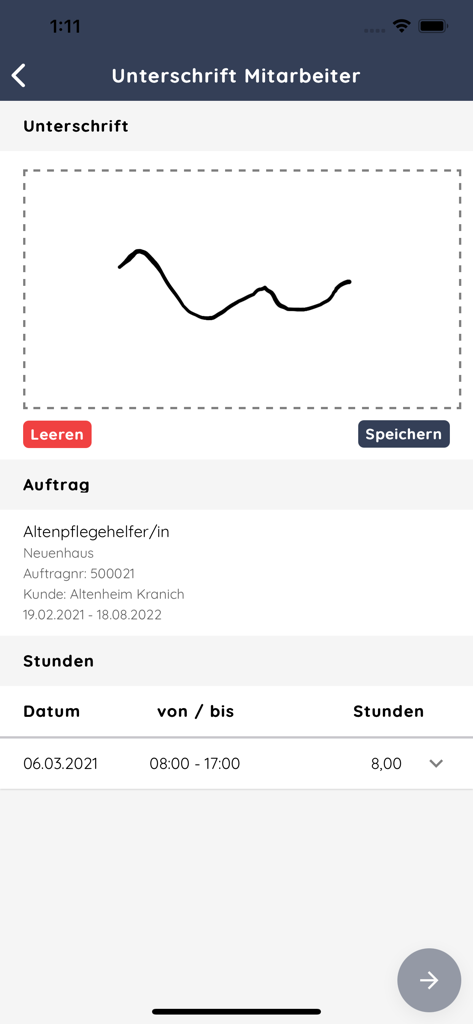 zvoove Work - Bildschirm für digitale Signaturen zur Überprüfung von Mitarbeiterschichten in zvoove Work.