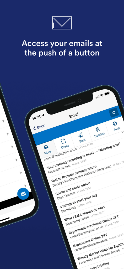 MyNottingham - Interface of the MyNottingham app showing the student email inbox on a mobile device.