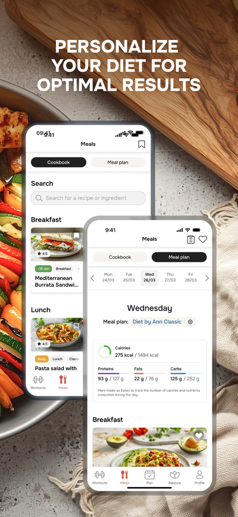 Interface do app Diet and Training by Ann mostrando planos de refeições personalizados e rastreamento de calorias