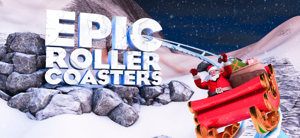 Santa Claus in a red sleigh riding a roller coaster through a snowy mountain landscape.