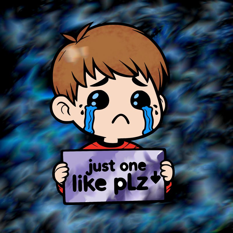 realistic crying boy with a sign saying just one like plz