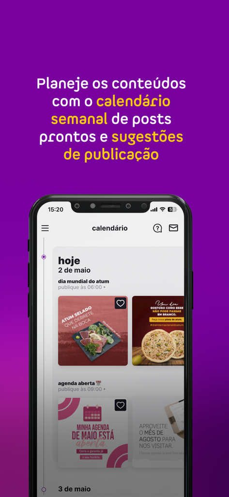 Ahazou: seus posts prontos - App móvel Ahazou mostrando um calendário de conteúdo semanal com posts prontos para redes sociais e sugestões de publicação