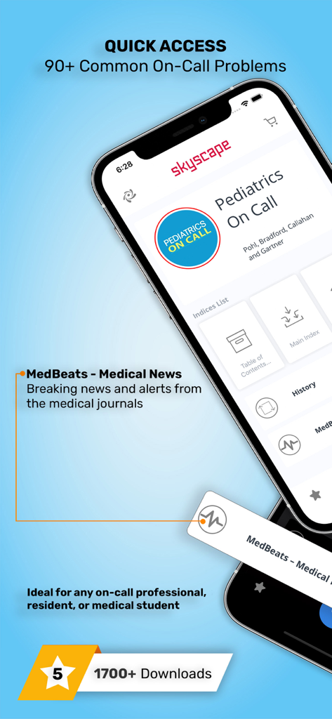 Pediatrics On Call app interface showing common on-call problems and MedBeats medical news feature.
