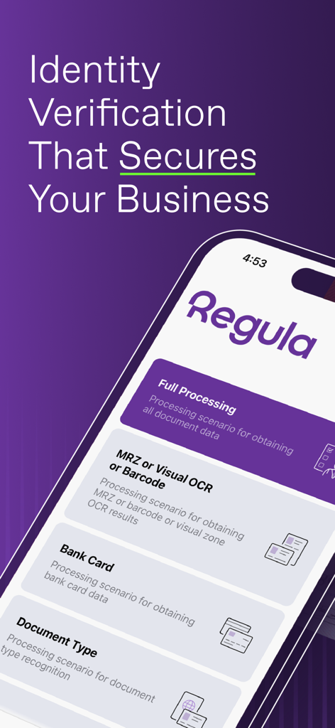Écran de l'application Regula Document Reader affichant des scénarios de vérification d'identité commerciale, incluant le traitement complet et les options OCR
