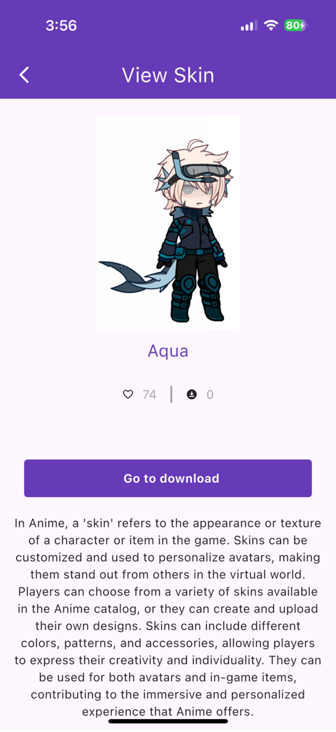 Outfits for Gacha OCs - A preview of the Aqua character skin featuring a shark tail and tactical outfit in the Gacha OCs app
