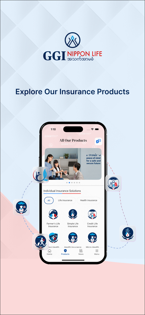 GGI Nippon Life - Interfaz de la aplicación móvil GGI Nippon Life mostrando productos de seguros individuales y opciones de cobertura.