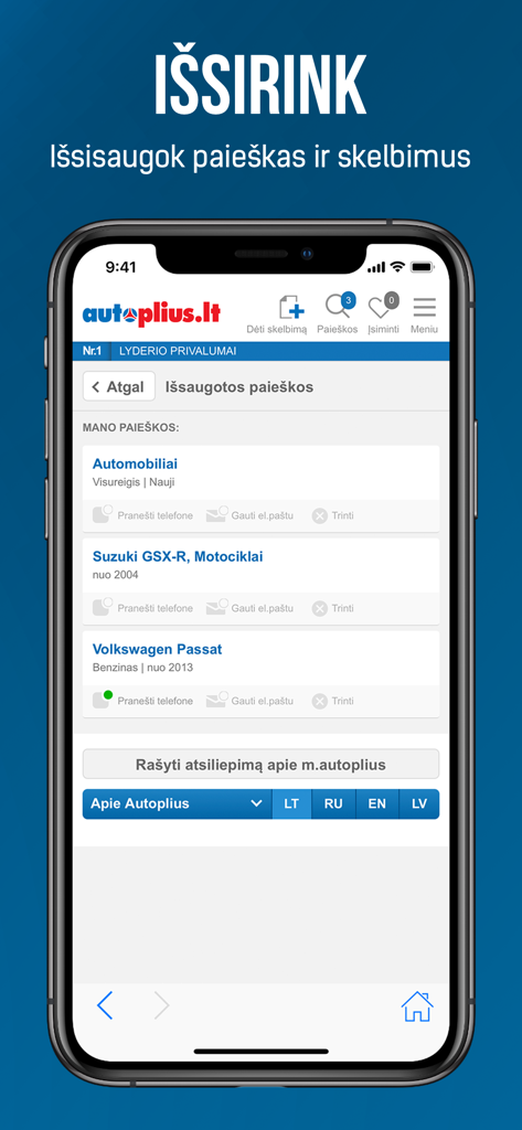 Ecrã da aplicação móvel Autoplius.lt exibindo pesquisas salvas para carros e motocicletas.