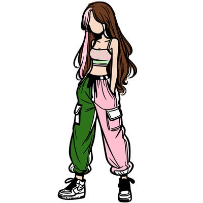 girl in baggy pants crop top and long hair