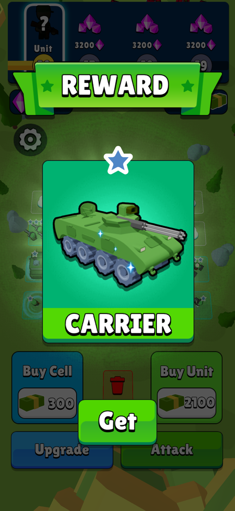 Reward screen in Army Merge Tank Master game showing a new green carrier military vehicle