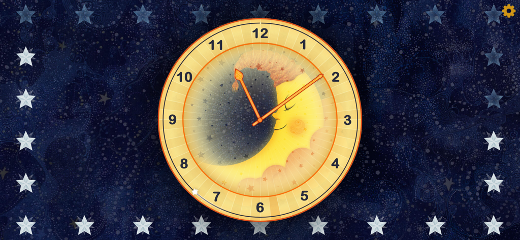 Eine analoge Uhrenoberfläche mit einem Mond-Charakter und Sternen auf einem Nachthimmel-Hintergrund