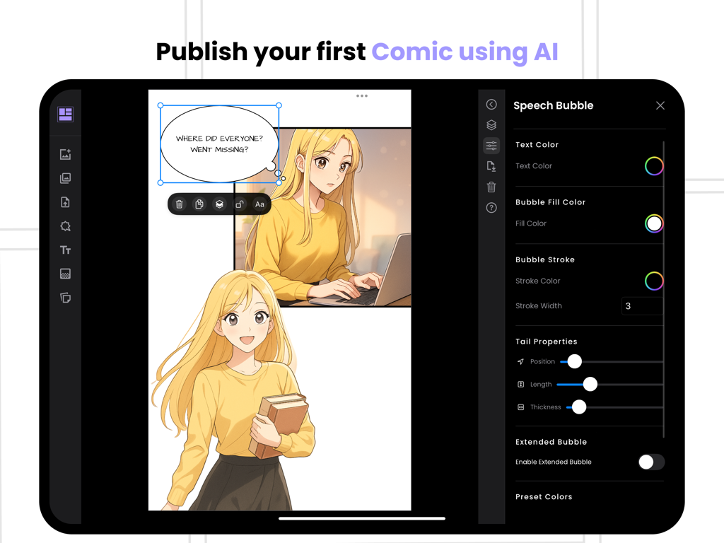 Comic maker - Arcstudio - Interface of Arcstudio Comic Maker app on iPad showing manga panels and speech bubble customization