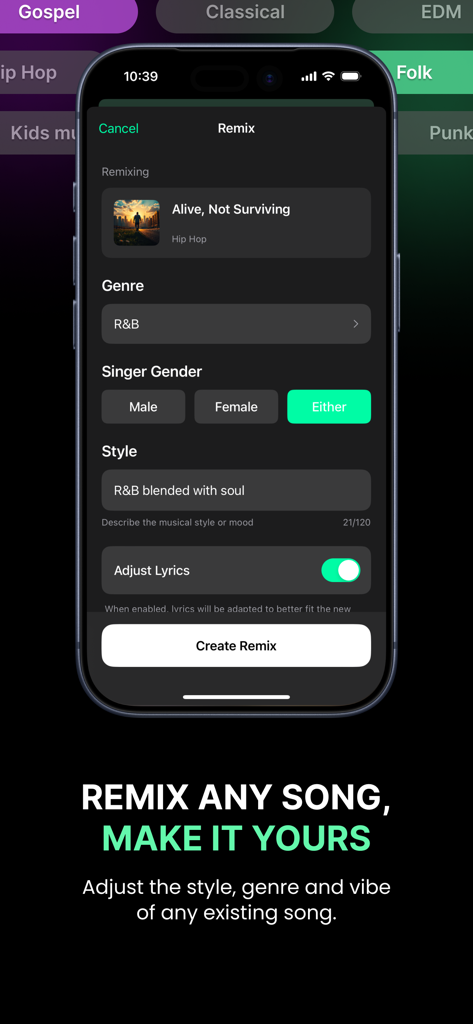 Innertune Music - Interface of the Innertune app showing the remix feature where users can customize the genre singer gender and style of a song