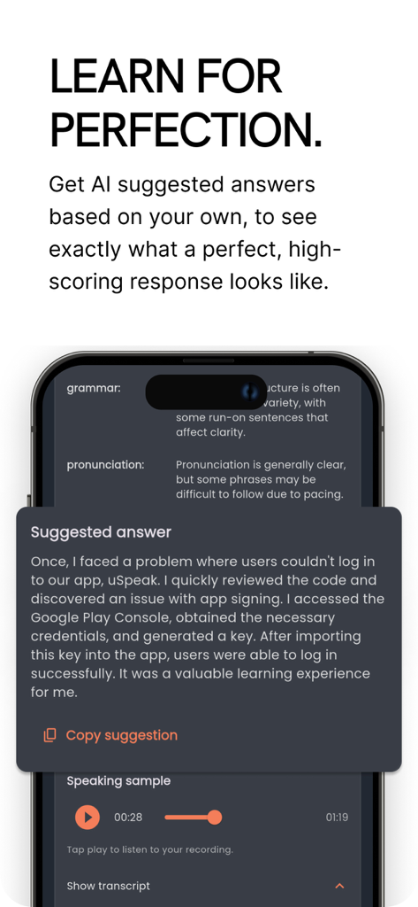 CELPIP Speaking Practice - Capture d'écran de l'application CELPIP Speaking Practice montrant une réponse suggérée générée par l'IA pour une tâche d'expression orale avec des commentaires sur la grammaire et la prononciation.