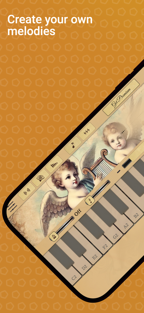 Harp Sim - Harp Sim mobile app interface featuring a musical keyboard and classical angel illustrations.