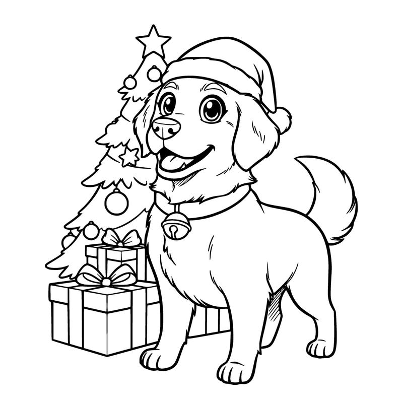 christmas dog with presents behind it