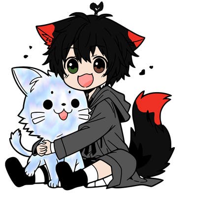 anime cat hugging and anime dog