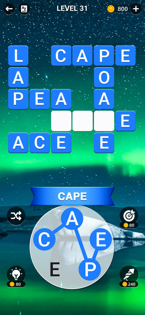 Holyscapes - Bible Word Game - Gameplay screen of Holyscapes Bible word game showing a crossword puzzle over a northern lights landscape