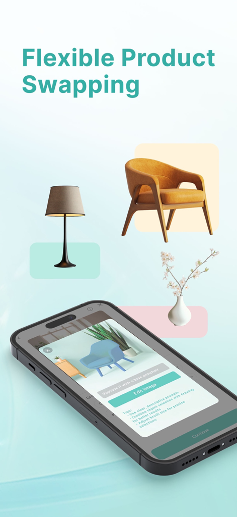 HomeVibe – AI Home Design - A smartphone displaying the HomeVibe app interface for flexible furniture swapping using AI