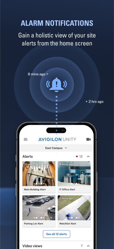 Avigilon Unity Video - Avigilon Unity Video app interface showing a dashboard for site alarm notifications and real-time security alerts