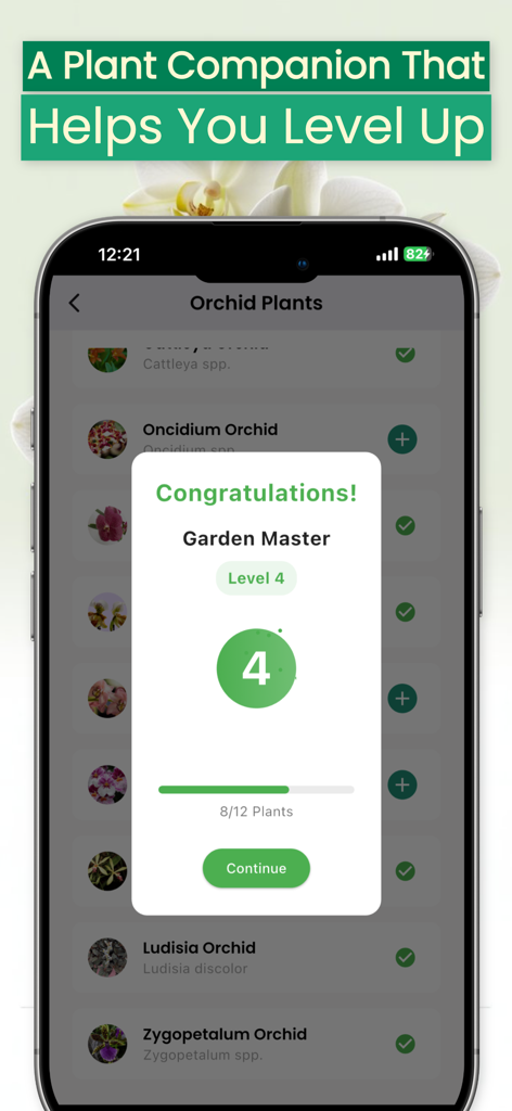 Orchid Care - Plant identifier - Orchid Care app showing Garden Master level four achievement screen.