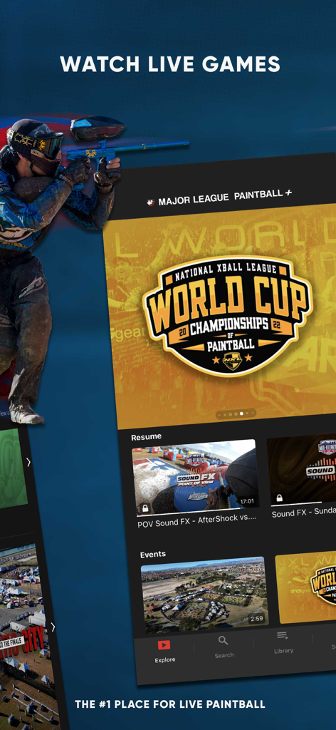 Major League Paintball + - Benutzeroberfläche der Major League Paintball Plus App mit Live-Berichterstattung vom NXL World Cup Turnier