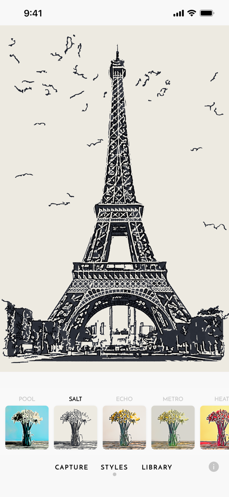 Un'animazione di uno schizzo fatto a mano della Torre Eiffel che utilizza il filtro stile Salt nell'interfaccia dell'app Olli.