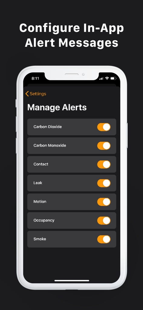 The manage alerts settings screen in the HomeCam for HomeKit app on iPhone showing sensor notification toggles