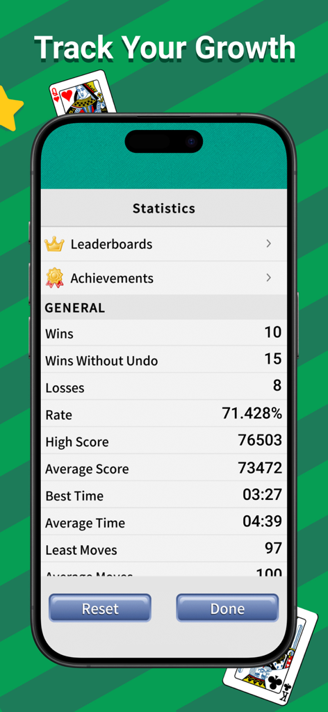 A smartphone screen showing game statistics for FreeCell Solitaire Classic including win rate, high score, and best time.