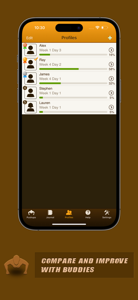 Pushups Coach Pro - Pushups Coach Pro app screen showing multiple user profiles and their workout progress bars.