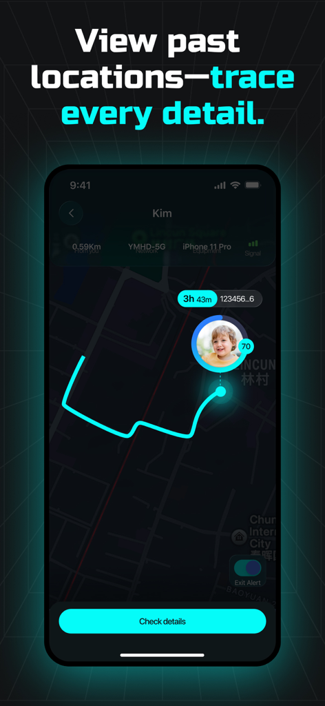 Map view in the LoveTracker app showing a traced movement path and location details for a contact