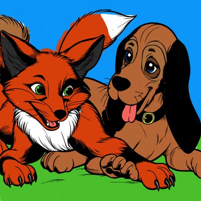 a fox and a hound dog playing together realistic