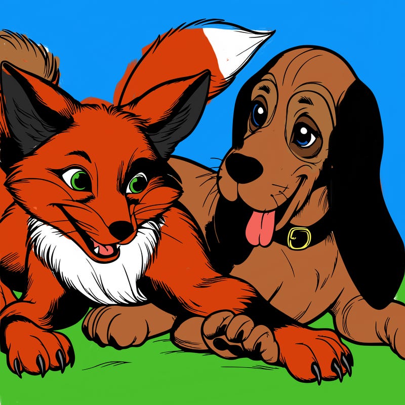 a fox and a hound dog playing together realistic