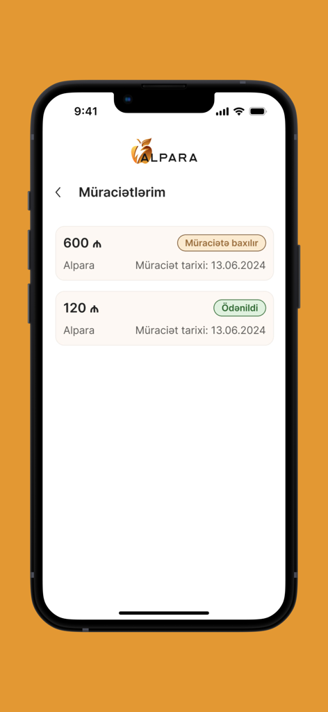 Alpara - Alpara app screen displaying a list of micro-loan requests with status indicators for pending and paid amounts.