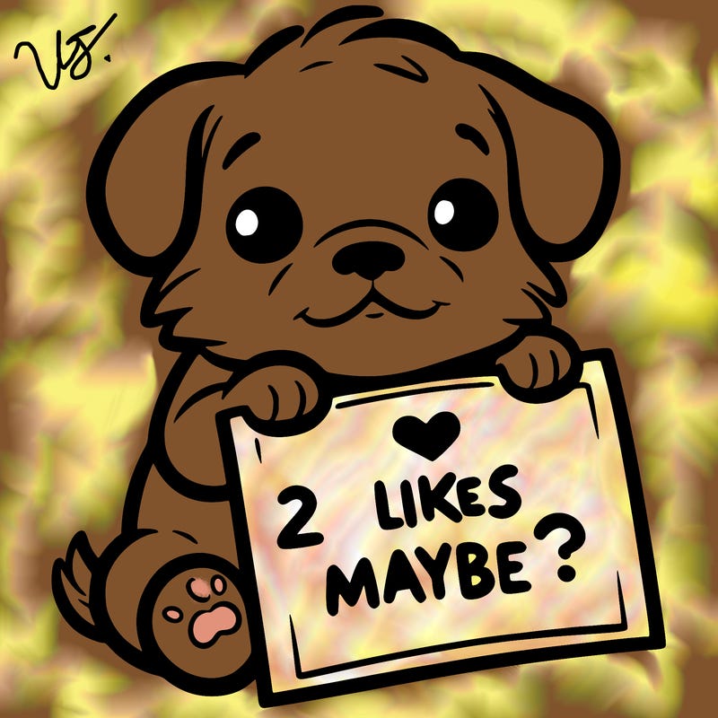 a puppy holding a sign that says 2 likes maybe?