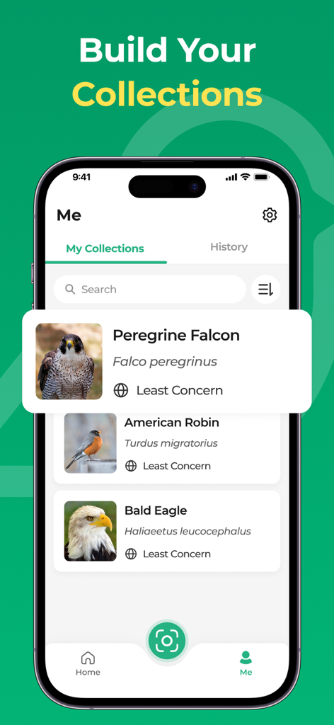 BirdScope: Bird Identifier - BirdScopeアプリのスマホ画面。ハヤブサとアメリカンロビンのエントリーがある個人の鳥コレクションが表示されている。